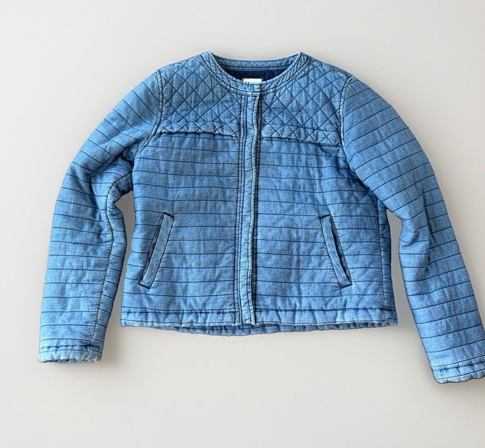 Forever 21 Quilted Denim Jacket Medium M Blue Linear Padded Snap Cotton